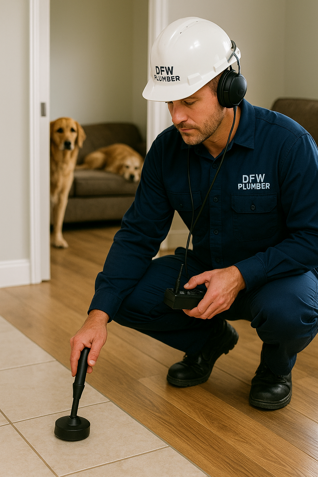 Bubba from DFW Plumber locating a slab leak while a customer's dog watches