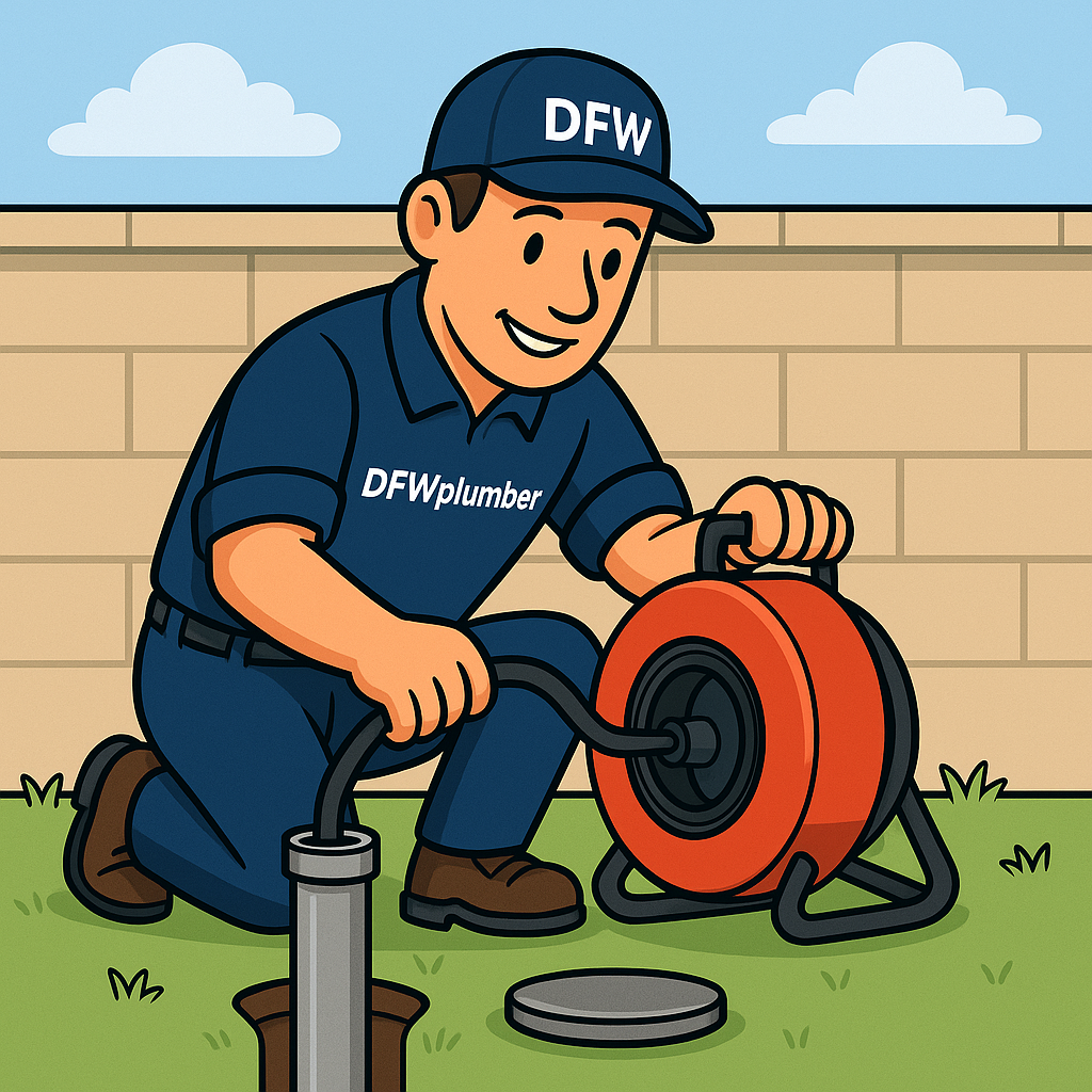 Cartoon illustration of a DFWplumber.com technician snaking a clogged sewer line through an outdoor cleanout