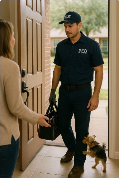 DFW Plumber Bubba greeting a client while Cujo the dog sniffs during a winterization service visit