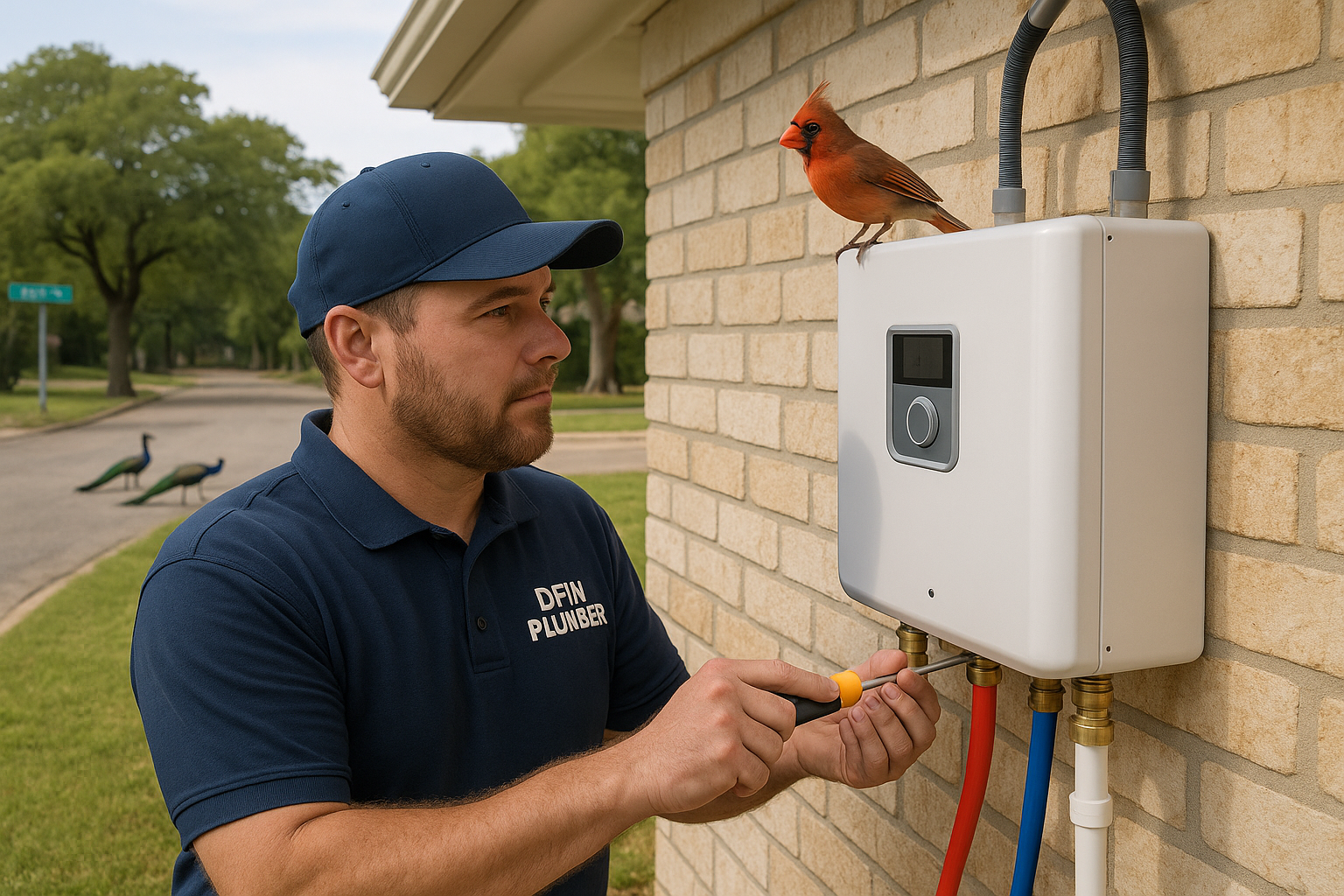 Electric tankless water heater installed outside a home near Eagle Trail in White Rock Dallas with peacocks in the background